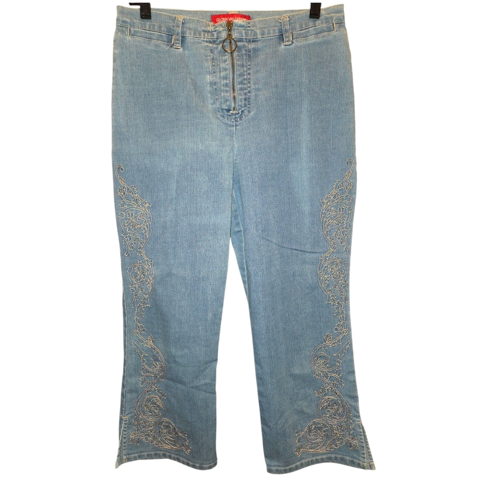 Gloria Vanderbilt Denim Blue Flare Embroidered Jeans Zipup Size 8